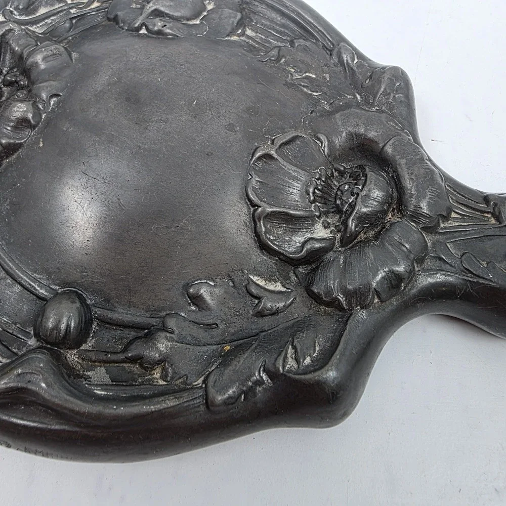 Vintage Art Nouveau Repousse Handheld Mirror Bevelled Glass 10